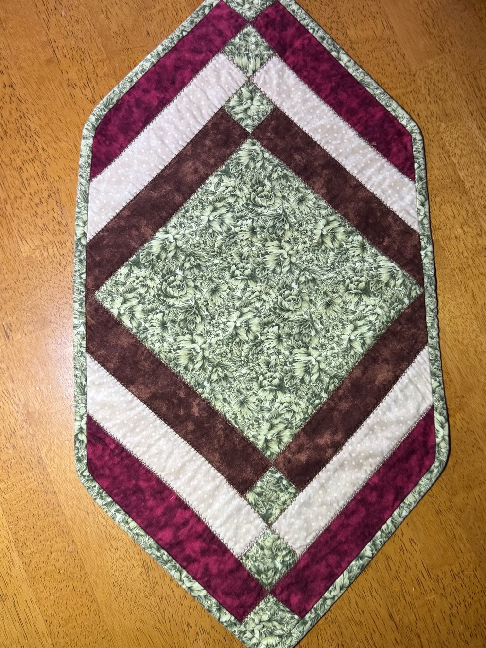 Handmade Quilted Table Runner - Green Floral with Burgundy Accents 12 in x 24 in